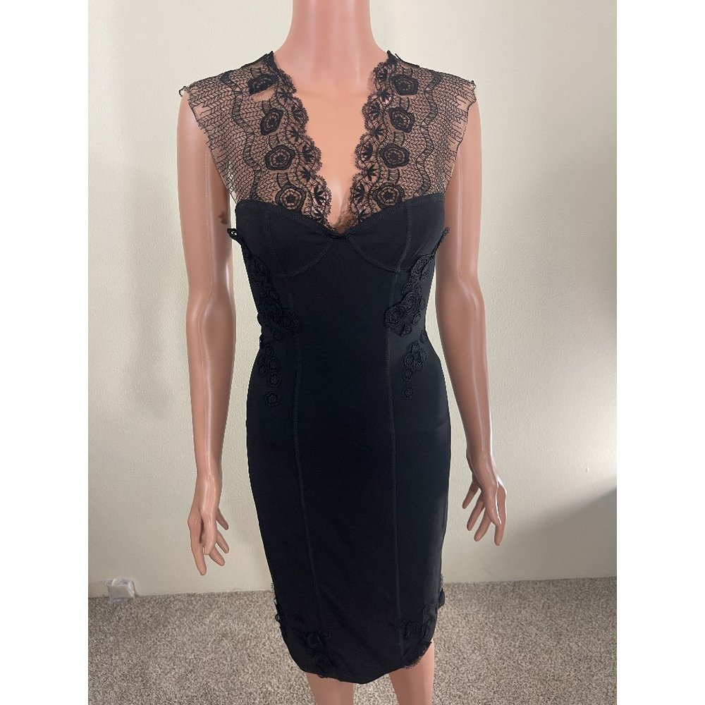 NWT Henri Bendel Black Midi Dress with Black and Tan Lace Straps Size 6